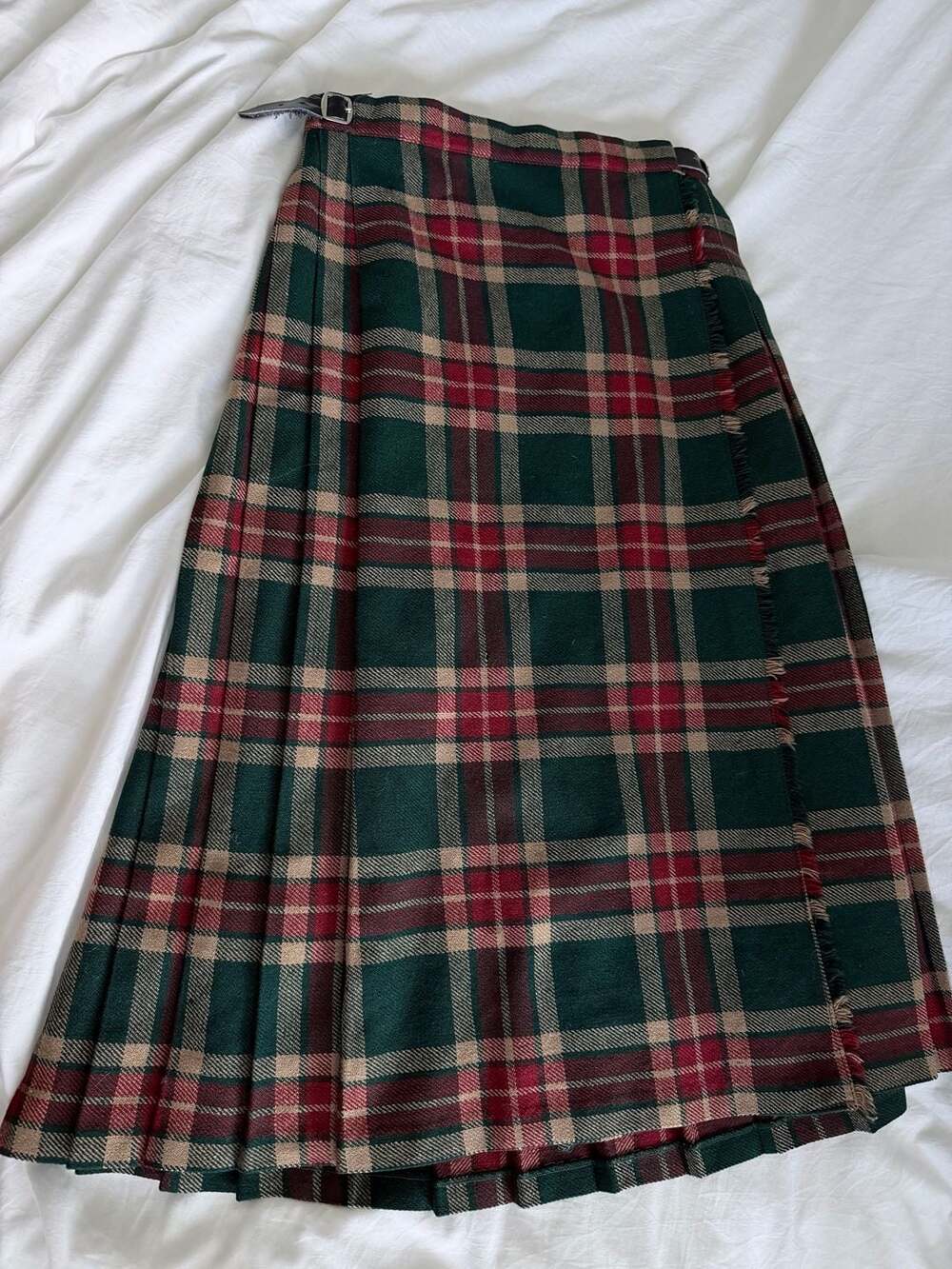Vintage Tartan Plaid Pleated Wool Wrap Kilt Skirt Green Red